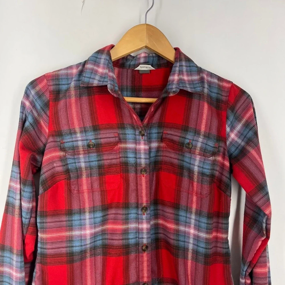 Eddie‎ Bauer Red Blue Plaid Flannel Button Down Shirt Womens Long Sleeve Pockets